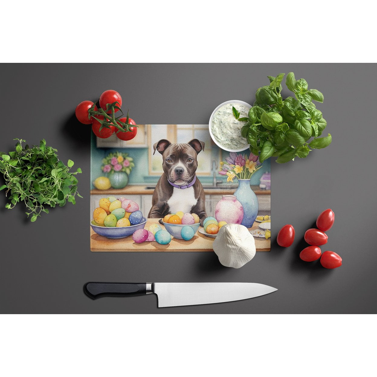 Decorating Easter Staffordshire Bull Terrier Glass Cutting Board 12 in x 15 in