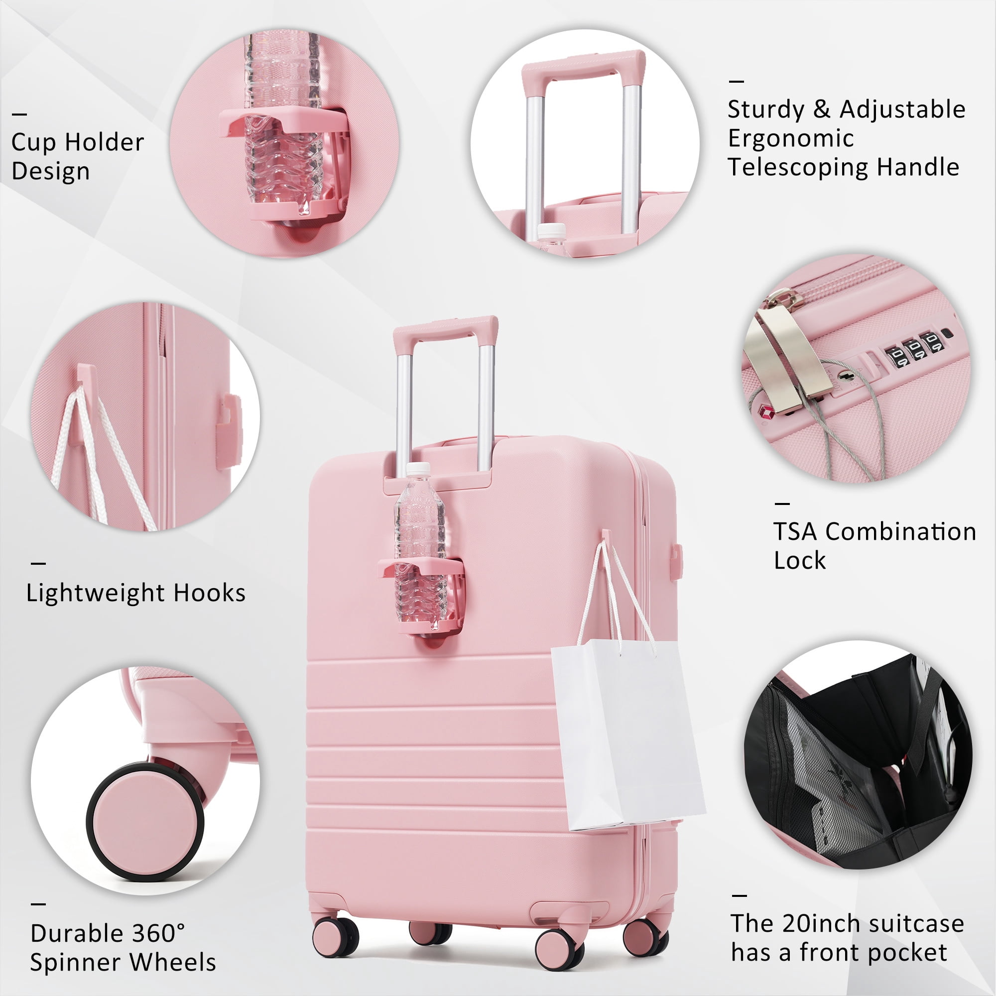 Euroco 4 Piece Luggage Sets, 20" Carry On Luggage with Front-Opening & Cup Holder, 20/28inch Hardside Suitcase Set with USB Charging Ports,TSA Lock & Spinner Wheels for Travel,Pink