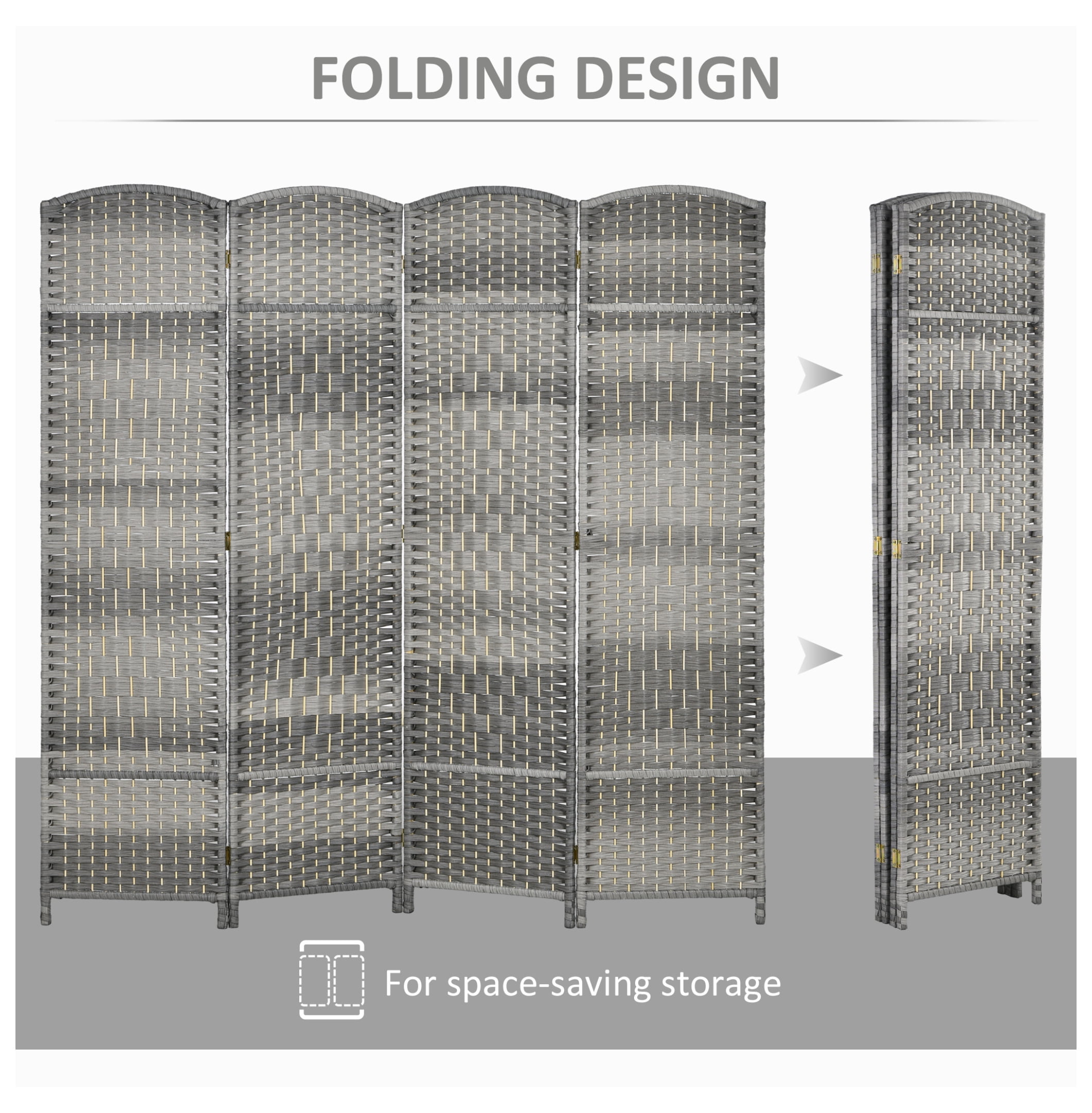 HOMCOM 4 Panel Room Divider, 6' Tall Folding Privacy Screen, Hand-Woven Freestanding Wood Partition for Home Office, Bedroom, Mixed Gray