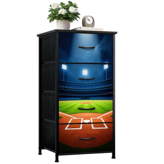 Sport Dresser for Boys Bedroom with 4 Storage Drawers Baseball Stadium Bright Floodlights Night Dramatic Sky Plate Dressers Chest of Drawers Steel Framed Fabric Closet Organizers for Dorm Entryway