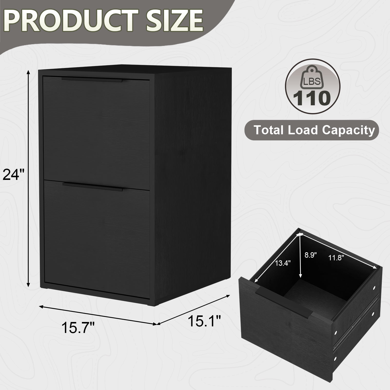 Marcree Wooden File Cabinet 2 Drawer, Wood Vertical Filing Cabinet with Hanging Bars for Letter Size, Wooden Small File Cabinets for Home Office, Black, Assemble Required