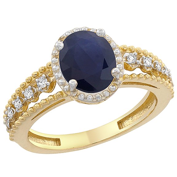 14K Yellow Gold Natural Blue Sapphire Ring Oval 9x7 mm Floating Diamond Accents, size 5