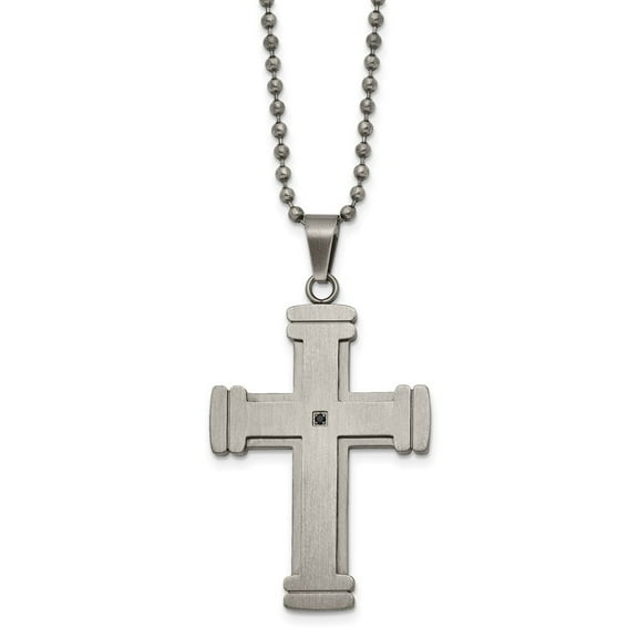 Auriga Stainless Steel Antiqued Brushed and Polished with Black CZ Cross Pendant on a Ball Chain Necklace for Mens 22"