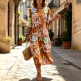 thumbnail image 5 of VBVC Women's and Women's Plus 3/4 Sleeve Midi Dress, Summer Casual Crew Neck Dress For Women, Ladies' Loose Fit Floral Dress with Pockets,Orange,S-5XL, 5 of 7