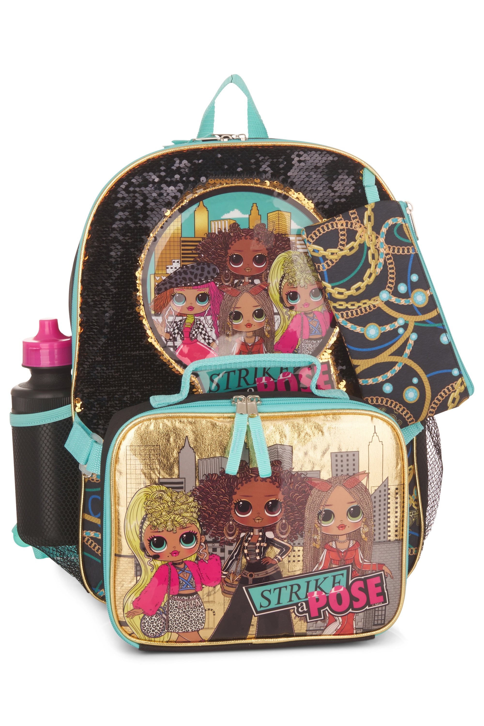 LOL Dolls 5 Piece Backpack Set for Girls, Brush Glitter Sequin School Bag  with Front Panel and Mesh Pockets, Insulated Lunch Box, Water Bottle,  Pencil Case and Hair Scrunchie, Black and Gold -