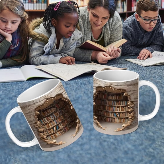 Library Bookshelf Mug, Cool Bookish Ceramic Coffee Mug, Book Lovers Gifts for Readers, Creative Book Club Mug, Novelty Gifts for Birthday Christmas Men Women Friends 11oz