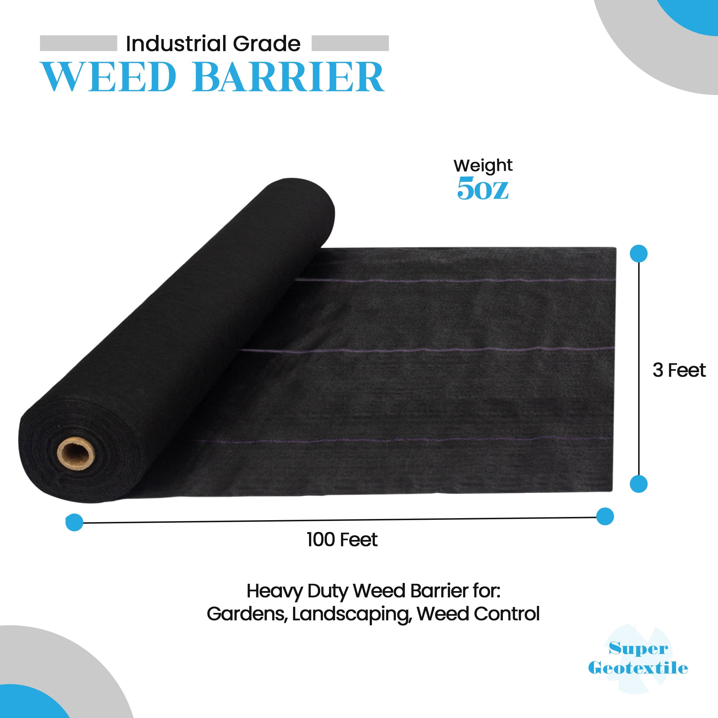 Super Geotextile Pro Grade 5oz Weed Barrier - Heavy Duty Landscape Fabric - Weed Block - 25 Year Fabric 3' x 100'
