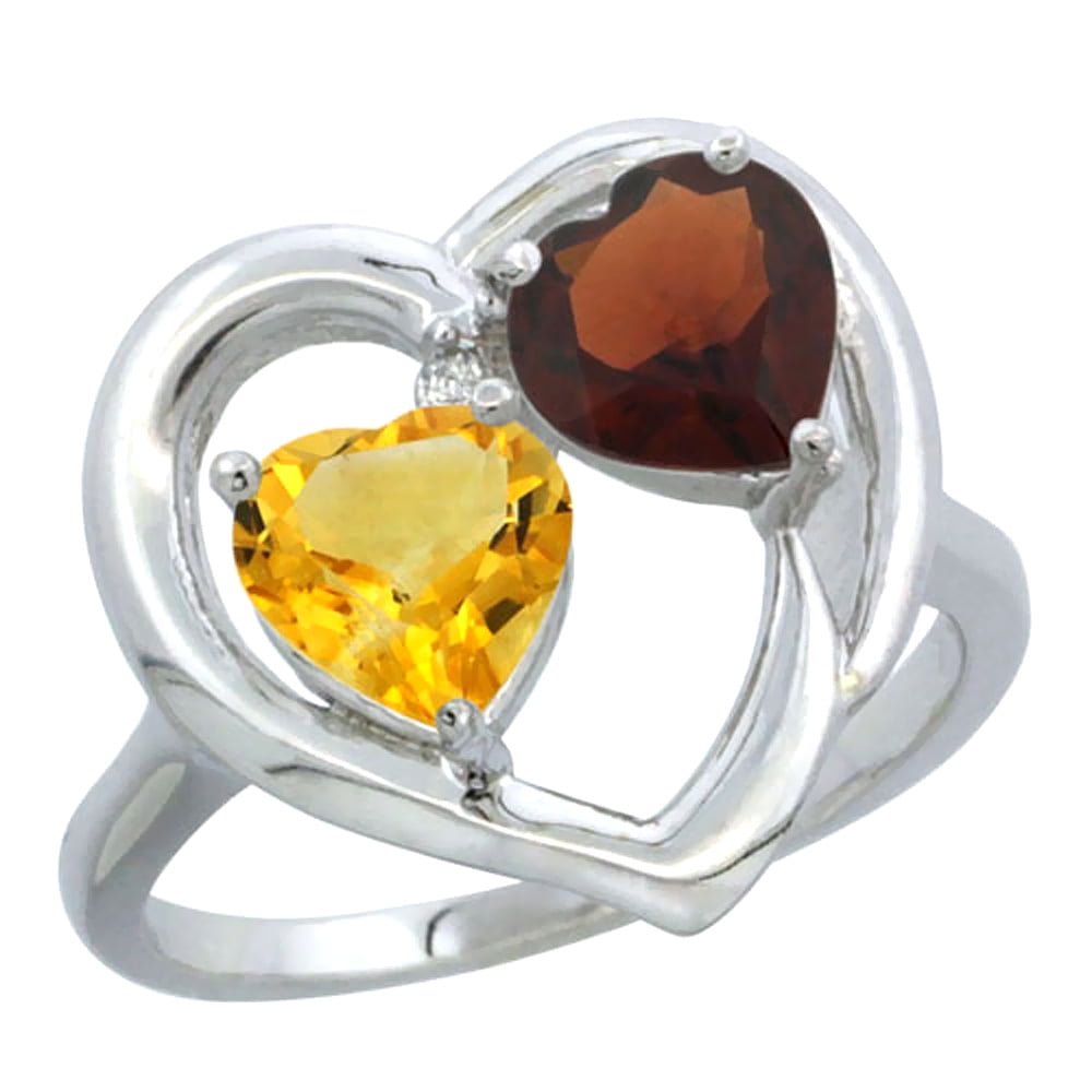 10K White Gold Diamond Two-stone Heart Ring 6mm Natural Citrine & Garnet, sizes 5-10 by WorldJewels