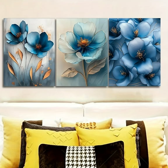 3 Pieces Canvas Wall Art, Blue Flower Painting, Home Living Room, Bedroom, Kitchen, Bathroom Wall Decoration