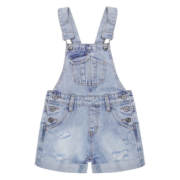 Overoles de Mezclilla Para Niñas, Cintura Elástica Interior, Lavado, Elástico,KIDSCOOL SPACE, Azul Claro, 5-6 Años