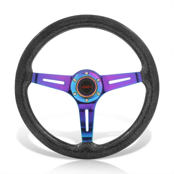 AJP Distributors JDM Sport Universal 350mm 14" 6 Bolt Hole Light Weight Steel Steering Wheel Metallic Black Wood Neo Chrome Deep Dish 3 Spoke Heavy Duty  Horn Button Replacement VIP