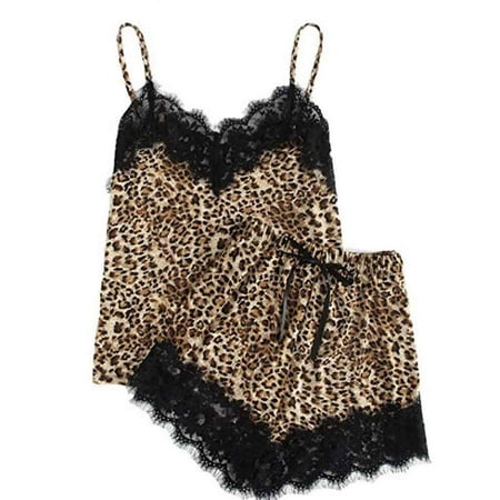 

TMOYZQ Women Two Piece Silk Satin Pajamas Sets Sexy Leopard Print Lace Hem V-Neck Spaghetti Strap Camisole Sleeveless Lingerie Crop Top + Elastic Shorts Sleepwear Loungewear Set