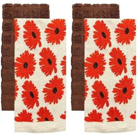 Four pcs, Floral Design Cotton Kitchen Towels and Plain Terry Towels, Super Absorbent, Heavy Duty, Great for Kitchen, or Household Size: 16” x 26”.