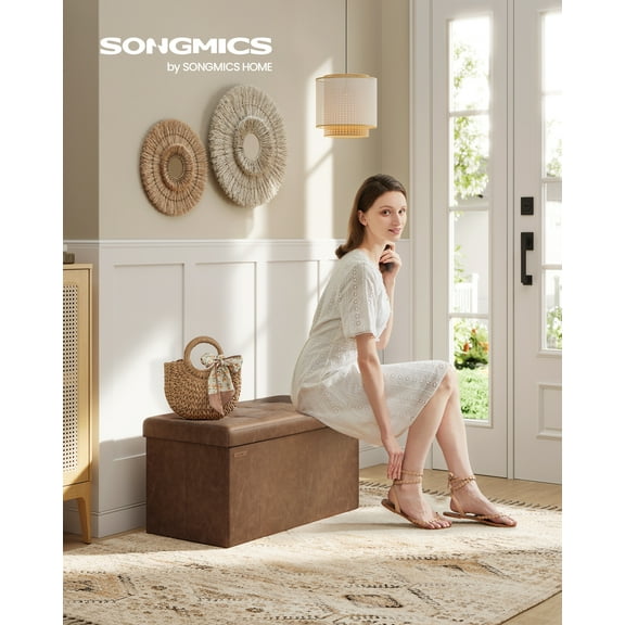 SONGMICS Folding Storage Ottoman Bench with Hidden Compartment, Reinforced MDF, Living Room & Bedroom Use, Foldable Setup, 30 Inch Footrest Stool, Storage Bench, Coffee Brown