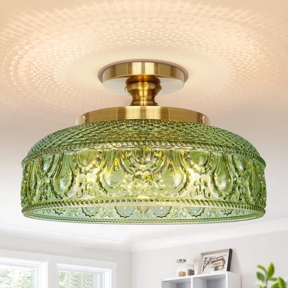 Lamomo Semi Flush Mount Ceiling Light, Upgraded Larger Green Hallway Light Fixture, 3-Bulb Globe Glass Close to Ceiling Scone, Indoor Hanging Light f
