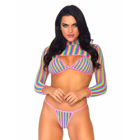 Leg Avenue Women s Rainbow Fishnet Bikini Top  G-String Panty  and Crop Top Set
