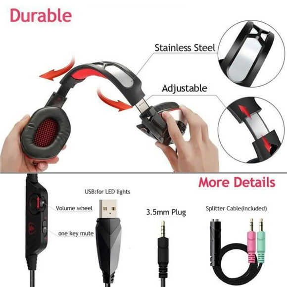 Ruiboury Adjustable Gaming Headset Wired Dual Plug-in Gaming Headset Ultralight Stereo LED Light Headset with Mic