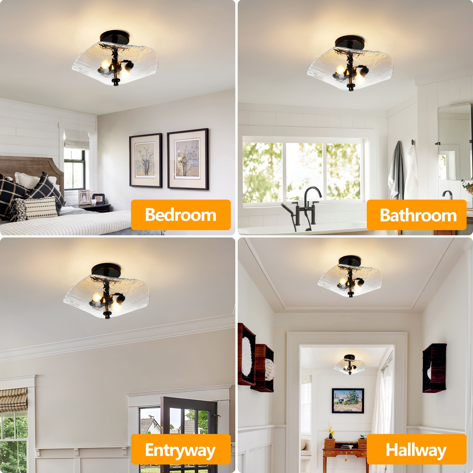 16.5 in. 2-lights Black Flush Mount Ceiling Light Fixtures with Water Ripple Glass Shade