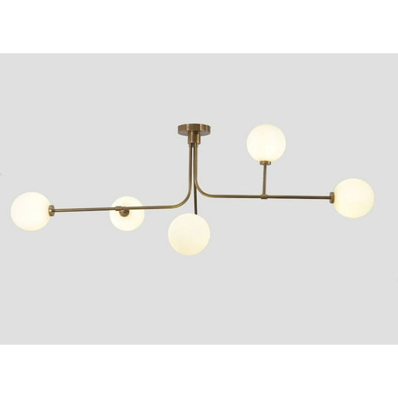 Five Globe Light Stilnovo Style Linear Brass Sputnik Chandelier Sputnik Fixture Milky Globes Brass Fixture