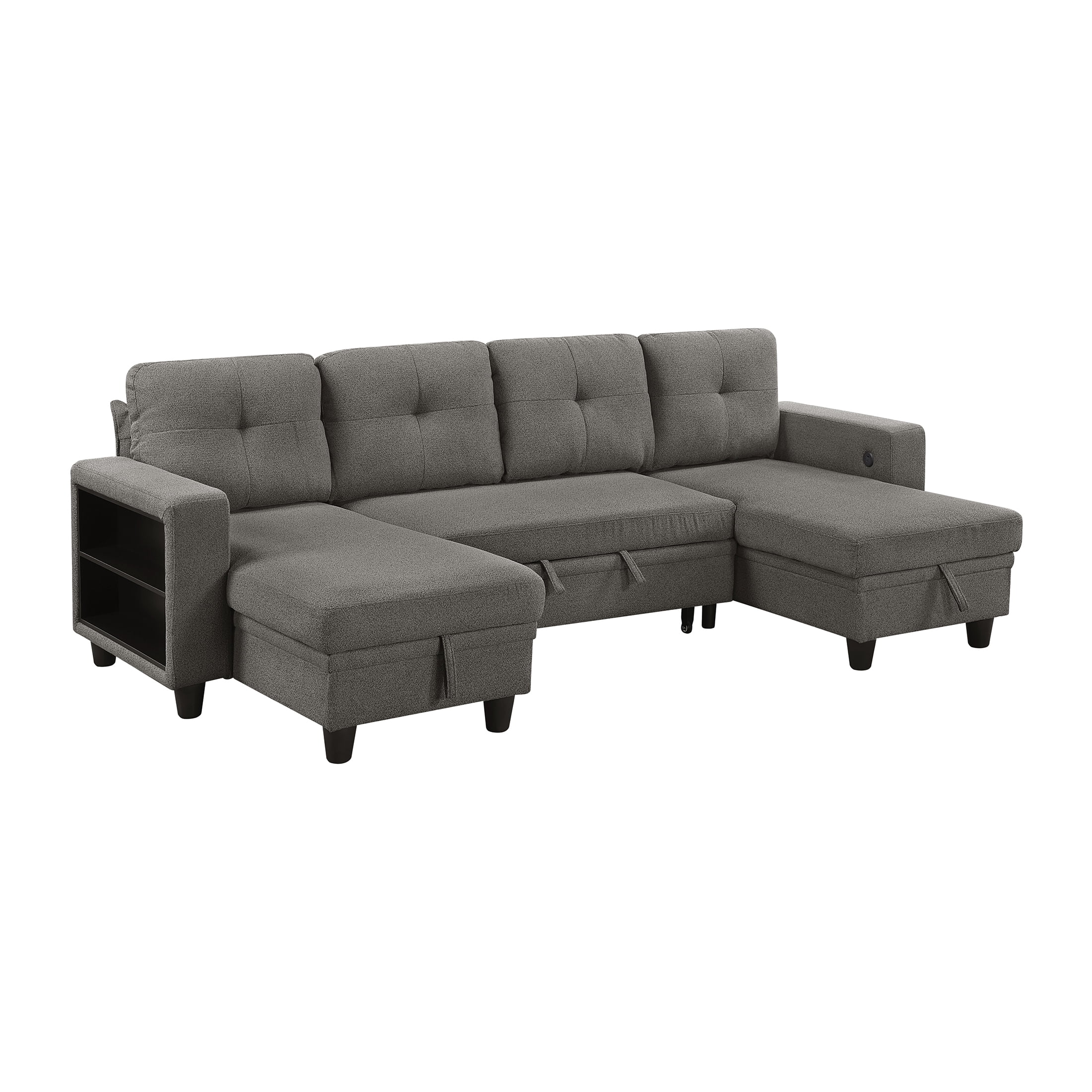 OakvillePark Vessarion Boucle Sectional with Two Chaises, Pull-out Bed, Shelves and Charging Ports, Dark Brown