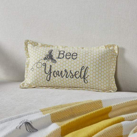 VHC Brands 7” x 13” Vintage Bee Yourself Yellow Cotton Decorative Pillow