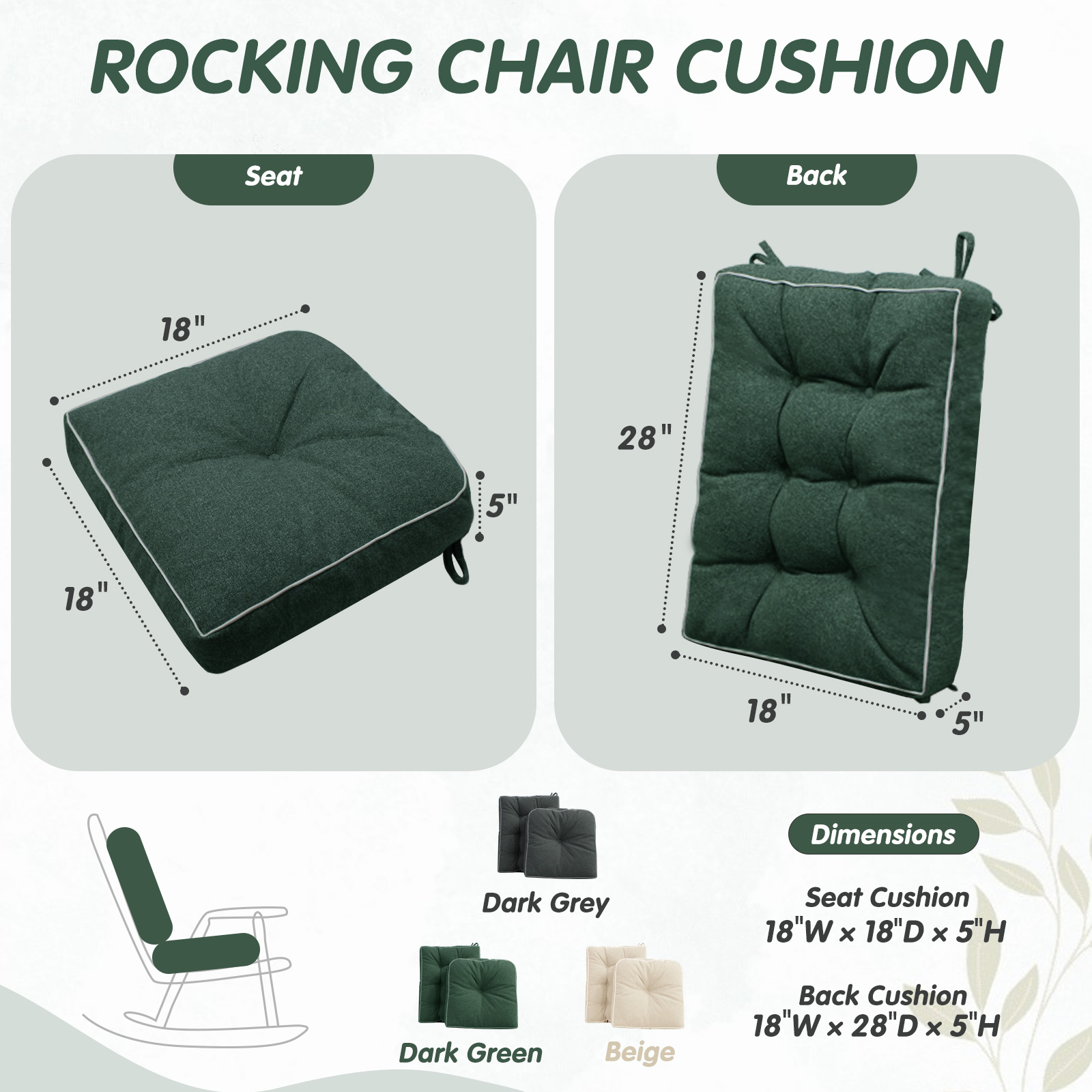 Galenzoov 28×18×5 inch Ultimate Comfort Rocking Chair Cushion Set - Luxurious Thick Memory Foam with Non-Slip Ties, Water-resistant Seat & Back Pillows for Indoor/Outdoor Rockers, Dark Green