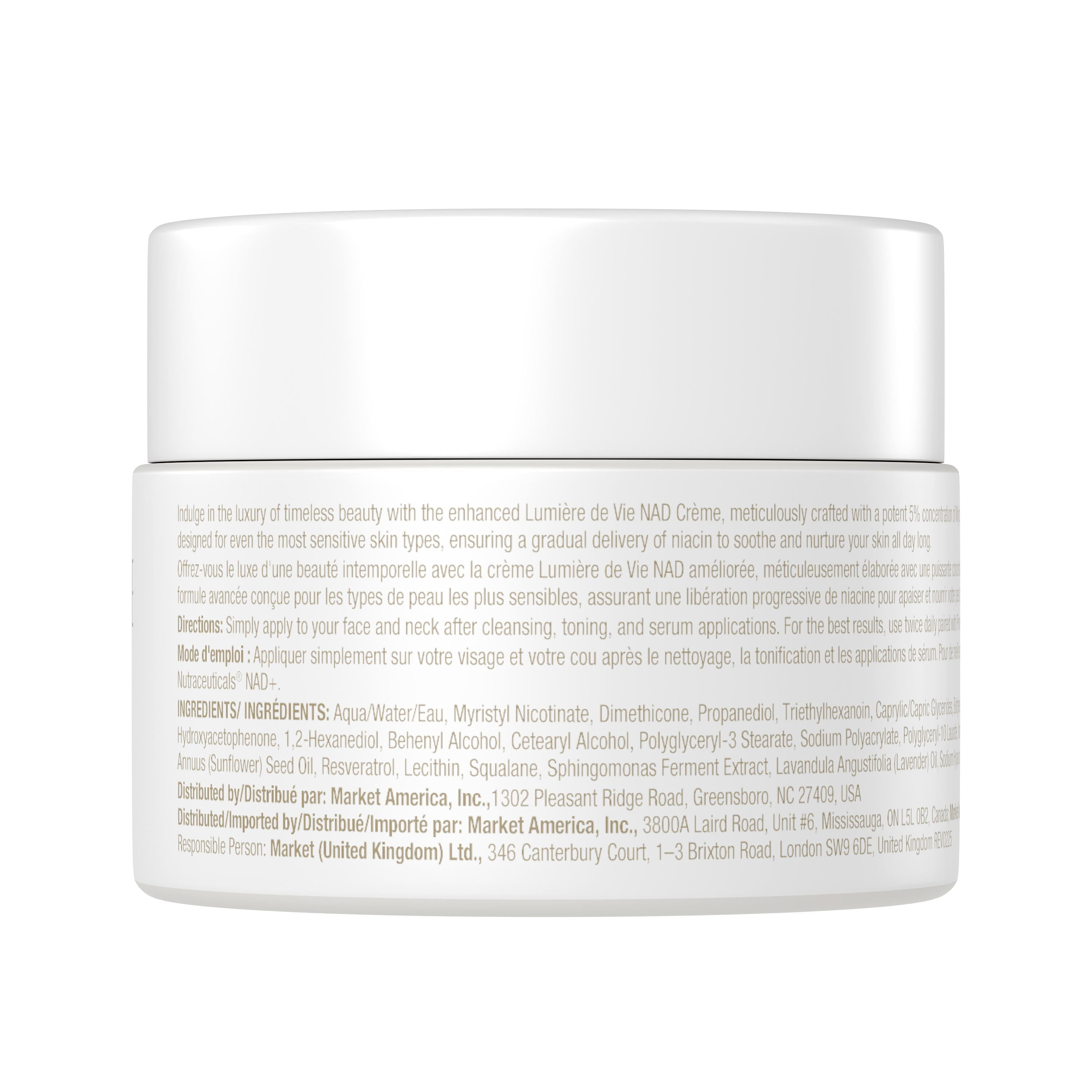 LUMIÈRE DE VIE® NAD Crème – Face Cream with 5% Myristyl Nicotinate, Supports Healthy NAD Levels, Smooths the Look of Fine Lines, Helps Improve Elasticity & Hydration, 40g