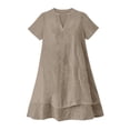 thumbnail image 4 of Plus Size Casual Dress Ndbuld Women's Summer Solid Color Short-Sleeve V-Neck A-Line Mid-Waist Dress Khaki M, 4 of 7