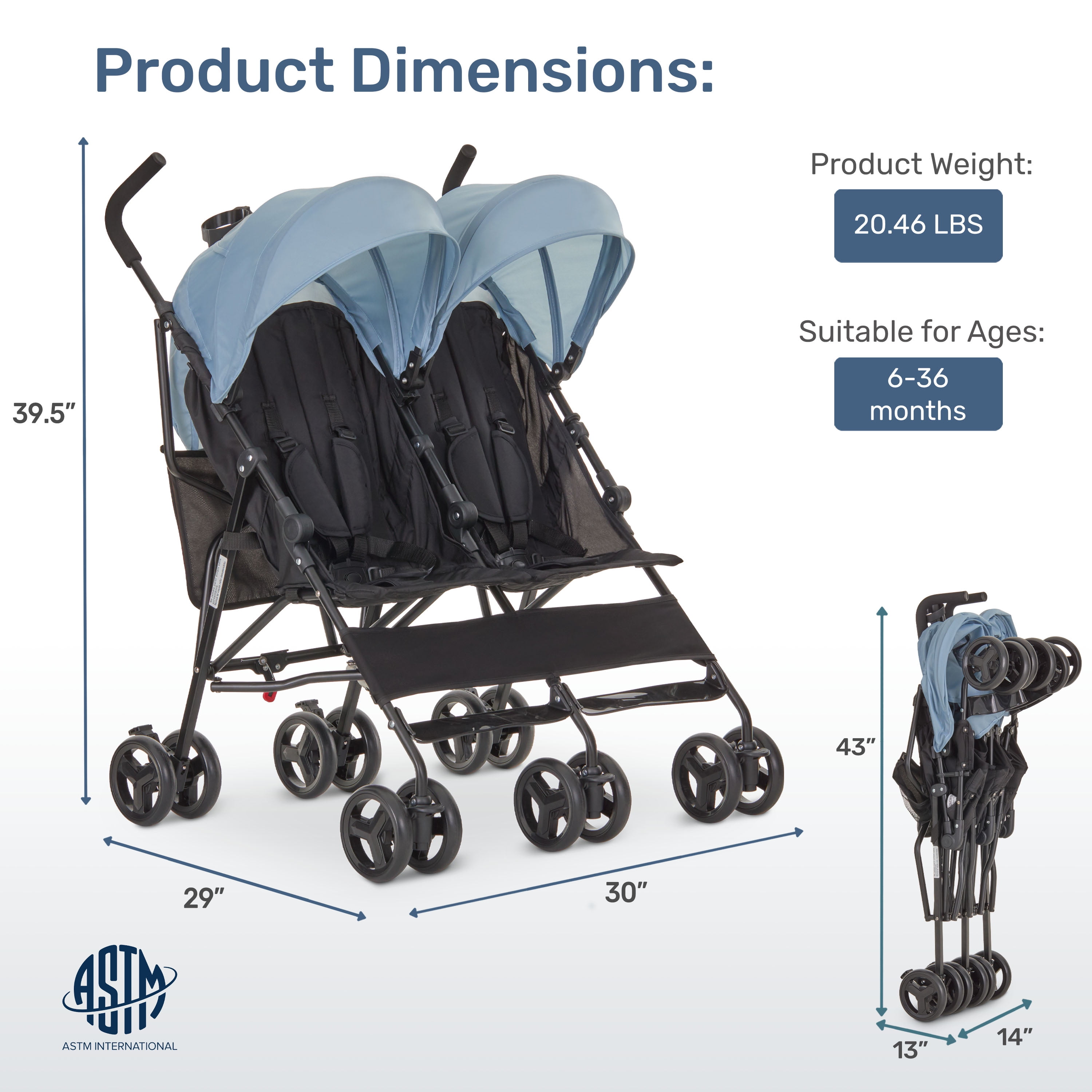 Dream On Me Twin Venture Umbrella Stroller, Light Blue