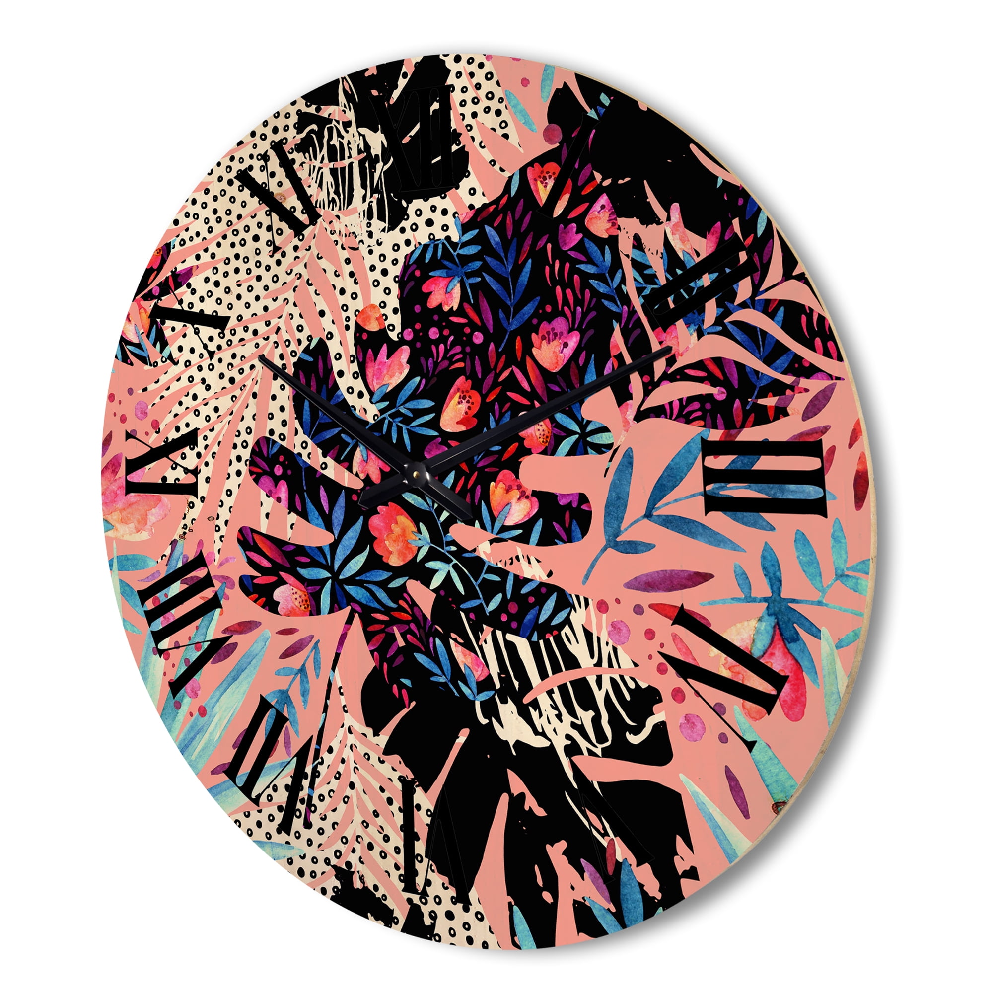 Designart 'Abstract Tropical Floral Patchwork II' Tropical Wood Wall Clock