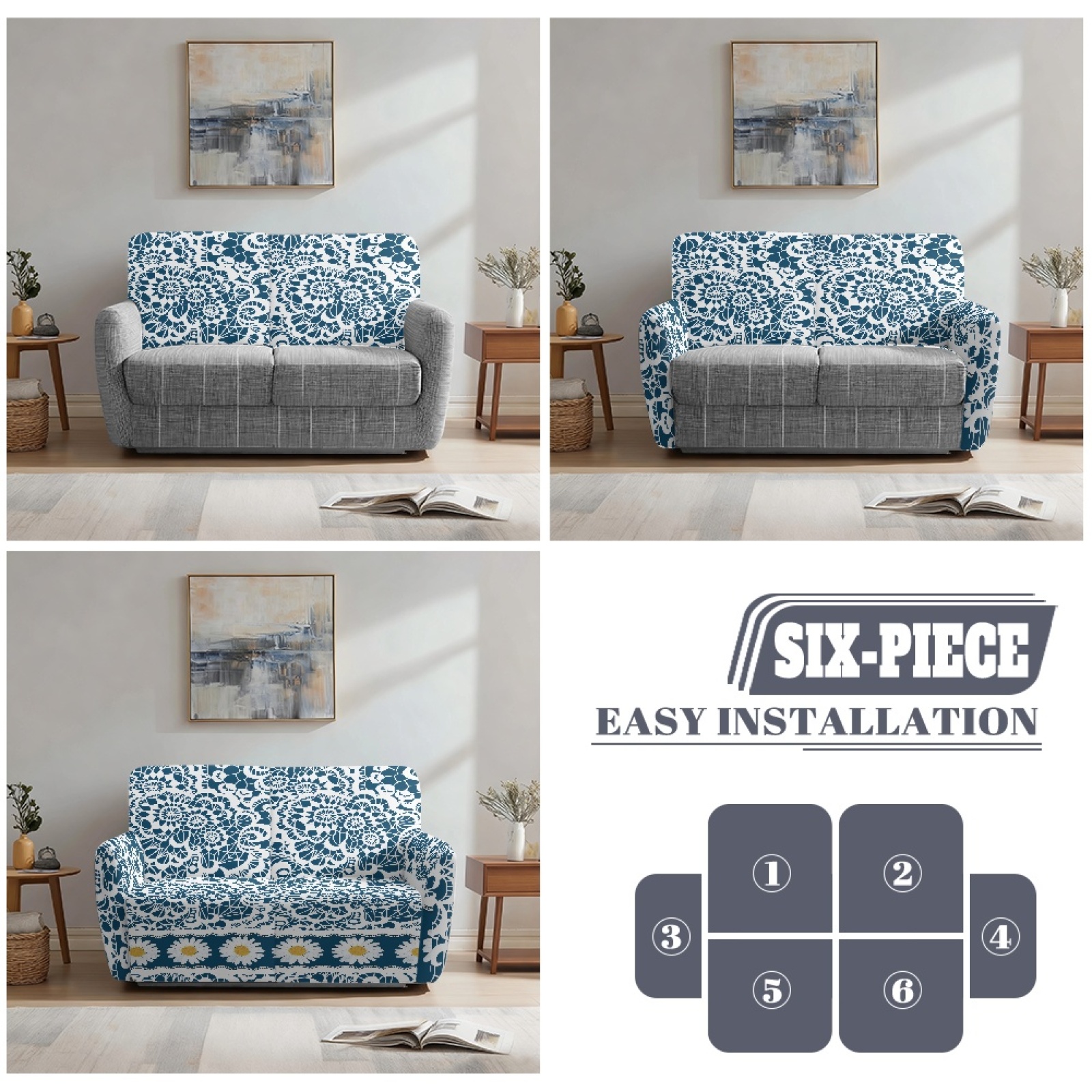 Xoenoiee Blue Daisy Floral Print Reclining Loveseat Cover, Stretch Loveseat Recliner Covers 2 Seater Loveseat Covers for Reclining Loveseat with Pockets Soft Double Recliner Cover for Kids, Pets