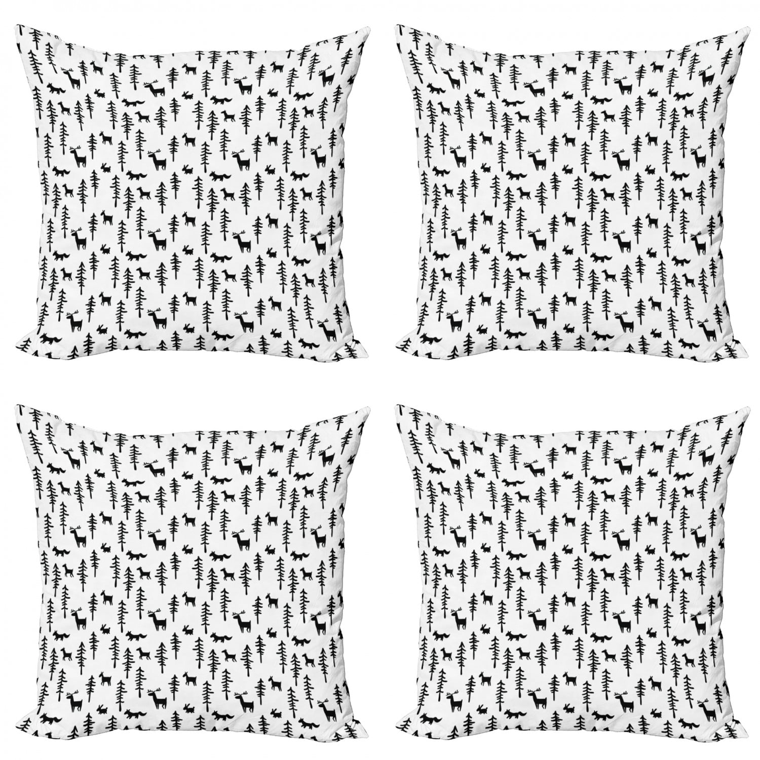 Forest Throw Pillow Cushion Case Pack of 4, Christmas Spirit Inspired Sketchy Reindeer Pine Trees Rabbits Animal Design, Modern Accent Double-Sided Print, 4 Sizes, Black White, by Ambesonne