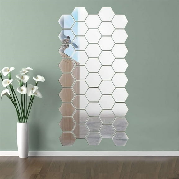 Hexagon Mirror Wall Sticker,Removable Acrylic Mirror Wall Stickers for Home Living Room and Bedroom Decor,Wall Sticker Decal Decor,Art DIY Mirror for Hallway Decorative,32 Pcs,Silver