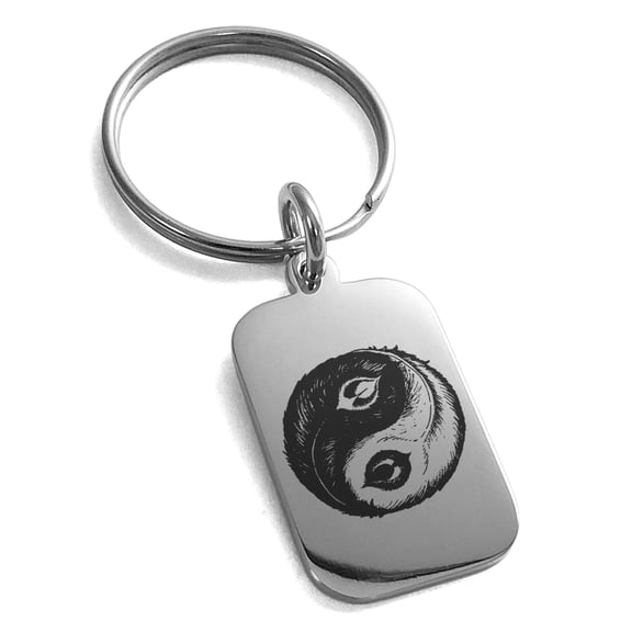 Stainless Steel Peacock Feather Yin Yang Engraved Small Rectangle Dog Tag Charm Keychain Keyring