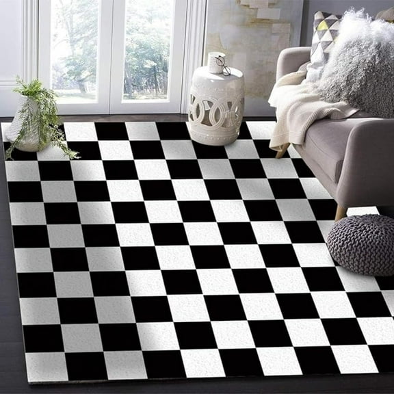 Checkered Flag Racing Area Rug, Black And White Grid Cartoon Print Rugs, Indoor Non-Slip Kids Rugs, Machine Washable Breathable Durable Carpet For Front Entrance Floor Decor 4x5ft