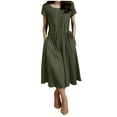 thumbnail image 2 of Ayolanni Dresses for Women 2026 Elastic Waist Short Sleeve Crew Neck Solid Midi A-Line Dress Cotton Linen Daily Casual Modest Swing Sundress with Pockets Green L, 2 of 7