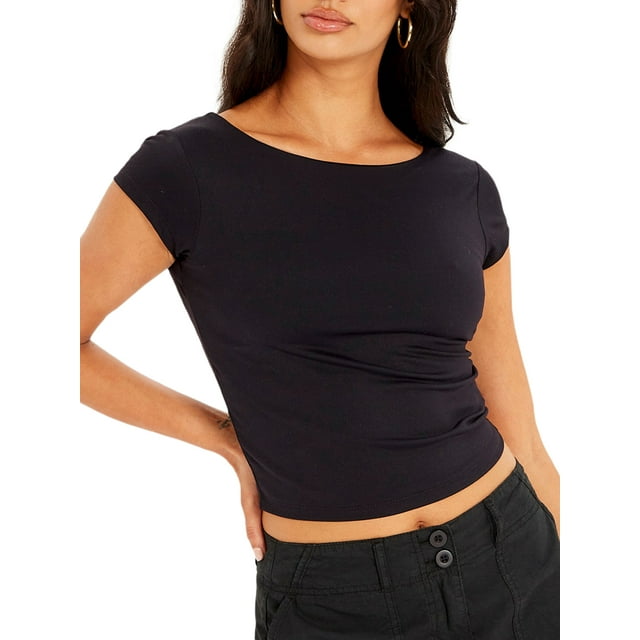 Gupgi Women Backless T-Shirts Summer Short Sleeve Solid Slim Fit Crop Top Basic Tees