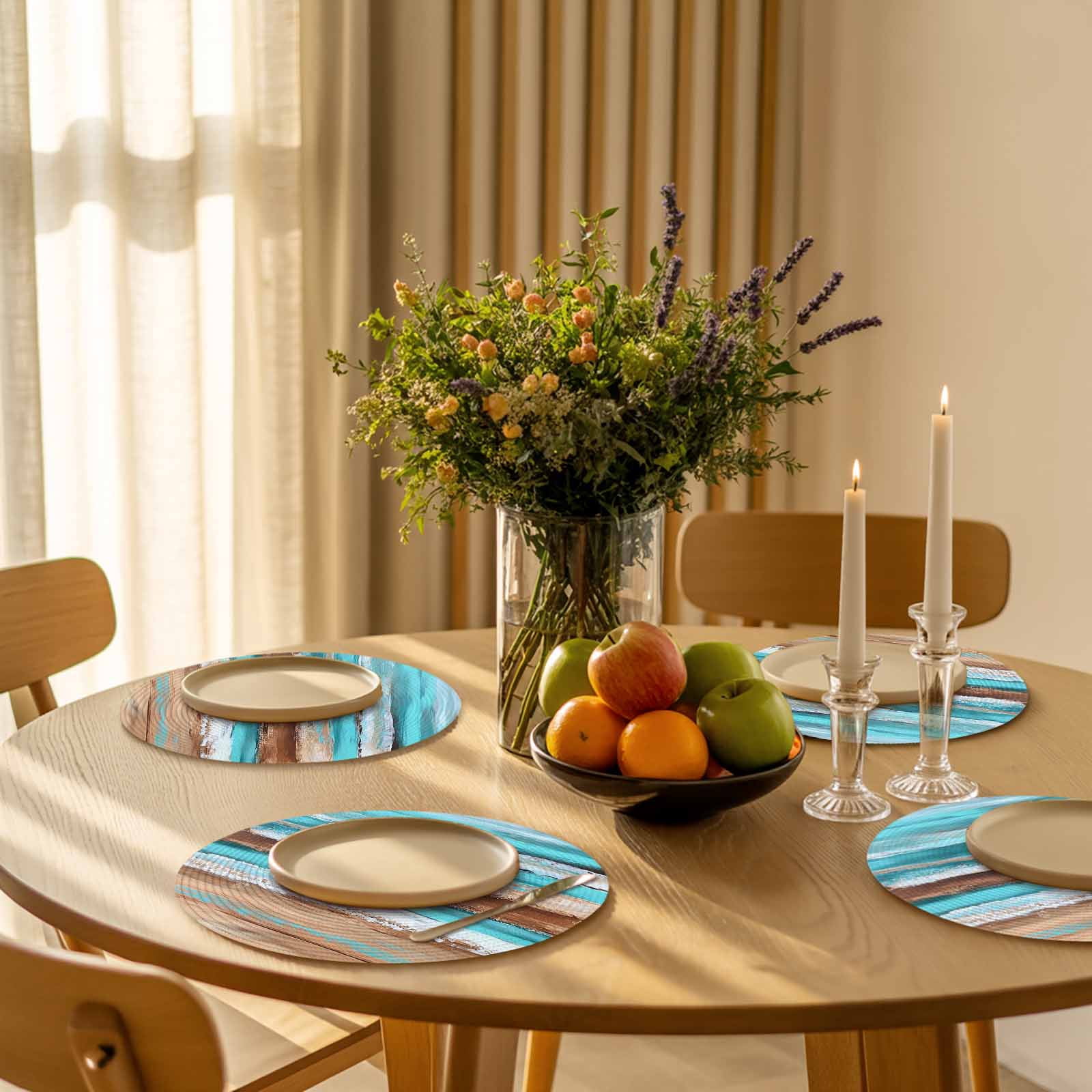 Turquoise Brown Round 13 Inch Placemats Set of 6, Abstract Wood Grain Gradient Stripes HeatResistant Non Slip Place Mats for Dining Table, Wipeable Braided Kitchen Table Mats for Housewarming