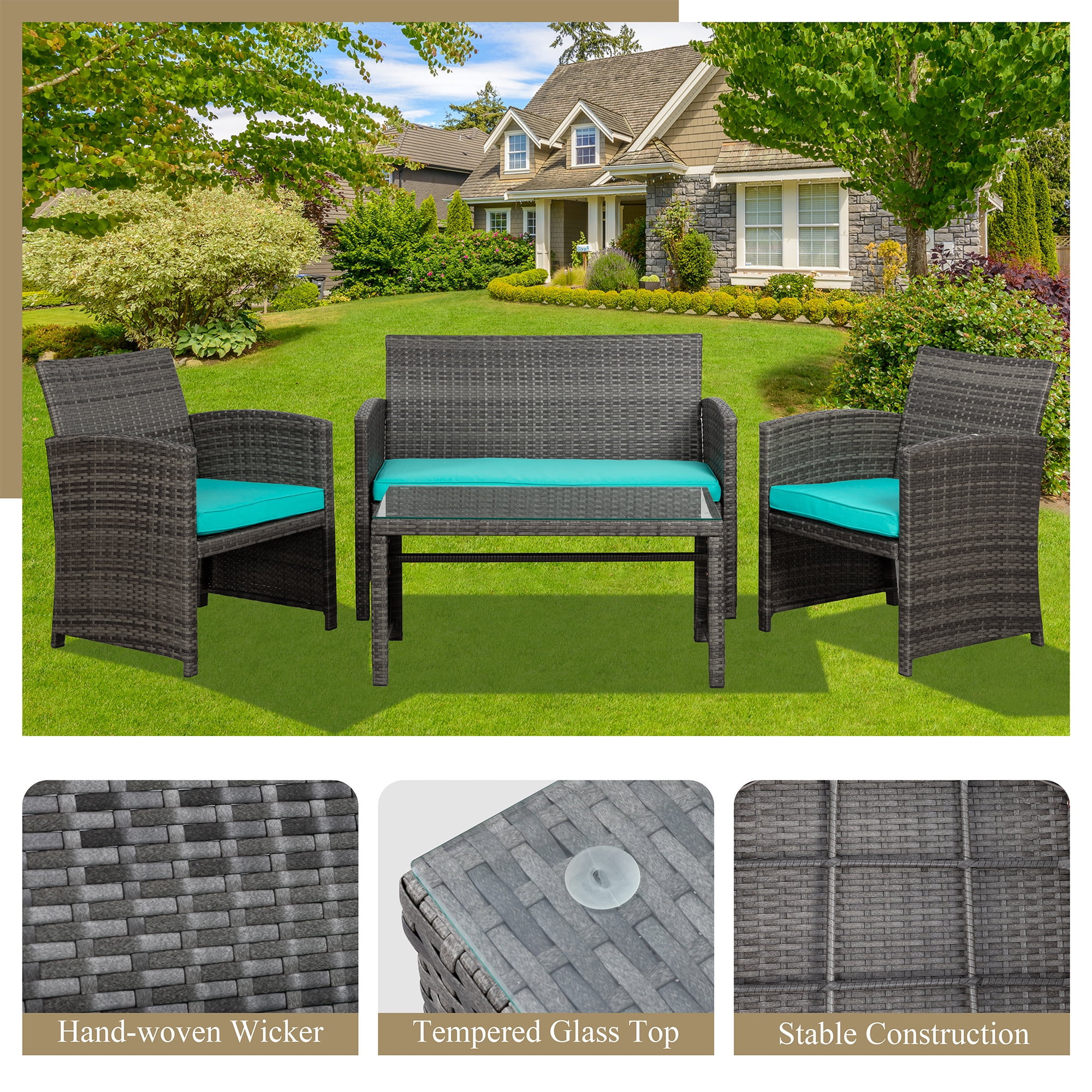 Walsunny 4-Piece Patio Rattan Furniture Set with Cushions & Tempered Glass Tabletop, Blue