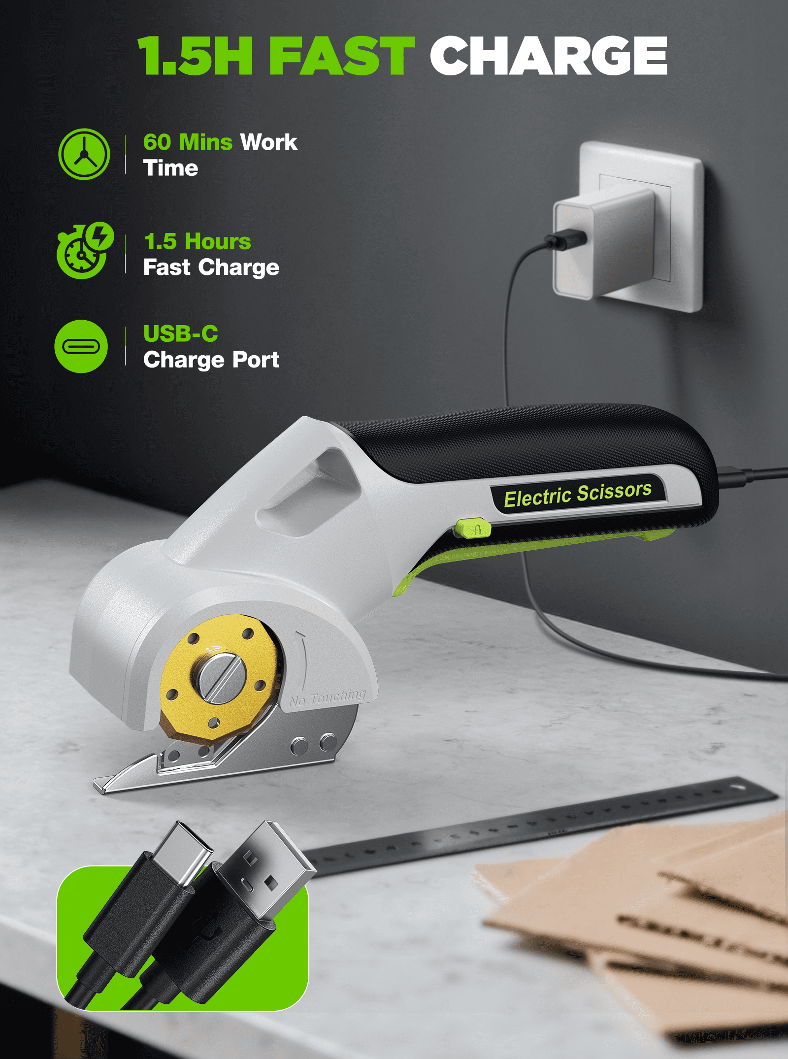 PATODOR 4V Cardboard Cutter, Cordless Electric Scissors Cutting Tools, Rotary Cutter for Fabric, 2 Titanium Blades, Safety Lock, for Carpet, Leather