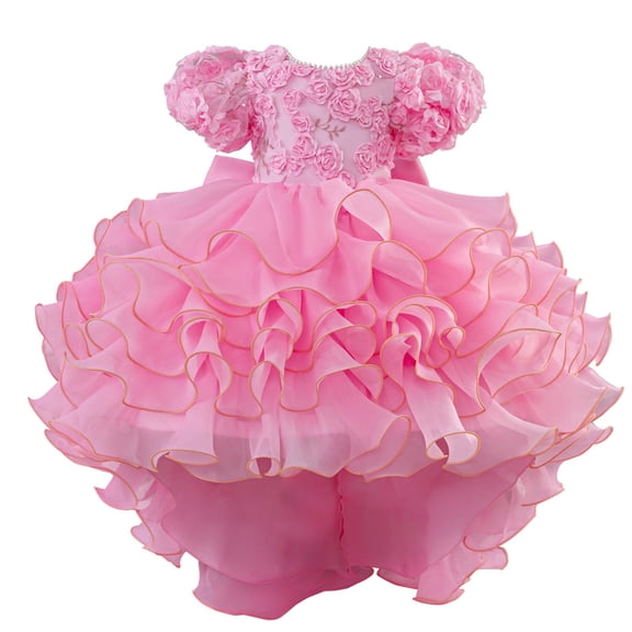 Rggeeun Baby Girls Dresses Solid Color Ruched Plus Ruffle Knee Length Short Sleeve Square Neck With 3D Floral Appliques A Line For Summer Outdoor Fashion Playwear,Red,7-8 Years