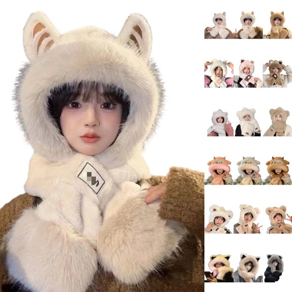HJYCHN Hats for Women Winter Womens Winter Hats Fox Ear Scarf Combo Warm Neck Warmer Outdoor Cold Weather Activities Cozy Soft Fit