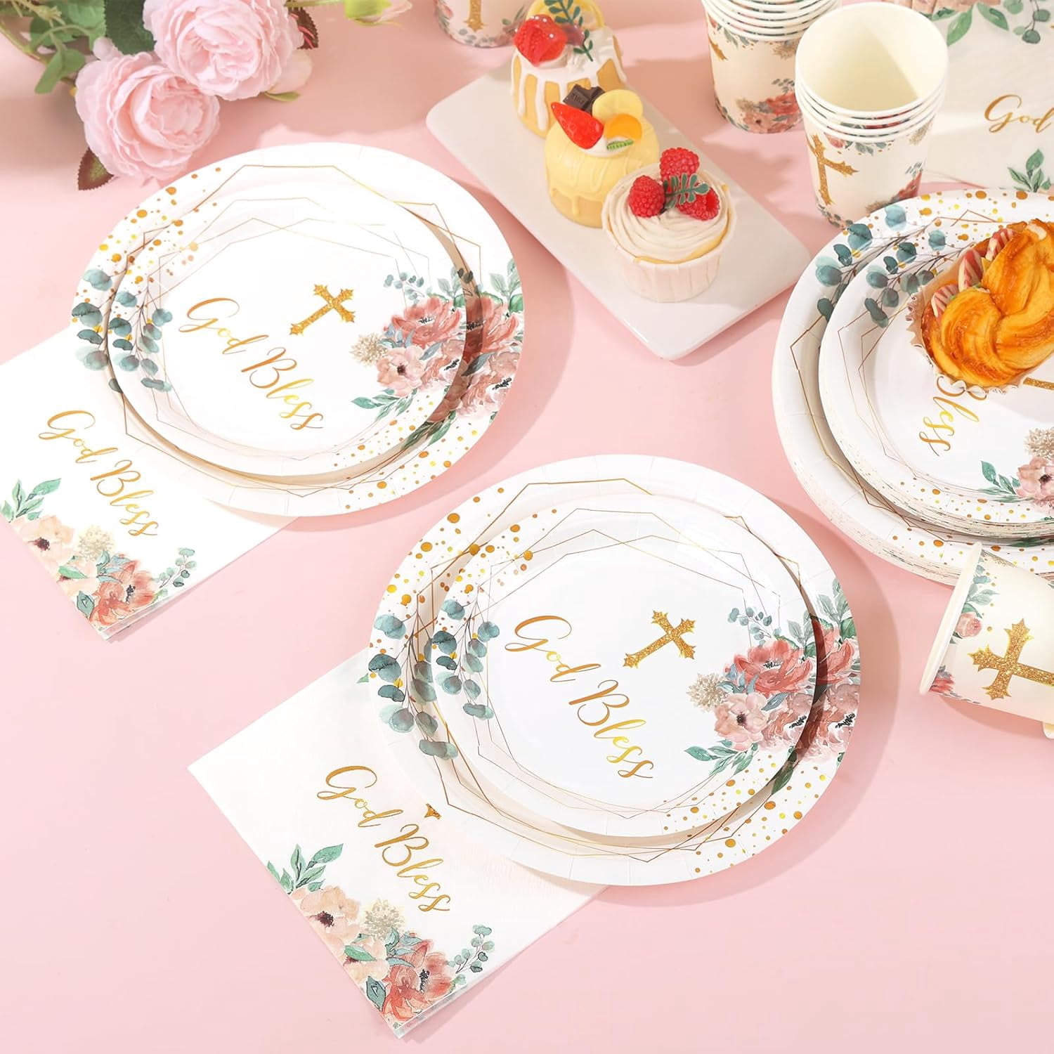 175 PCS Baptism Plates and Napkins Party Supplies - Baptism Decorations for Girls - God Bless Disposable Paper Plates First Communion Plate for Christening Baby Shower Party Decorations