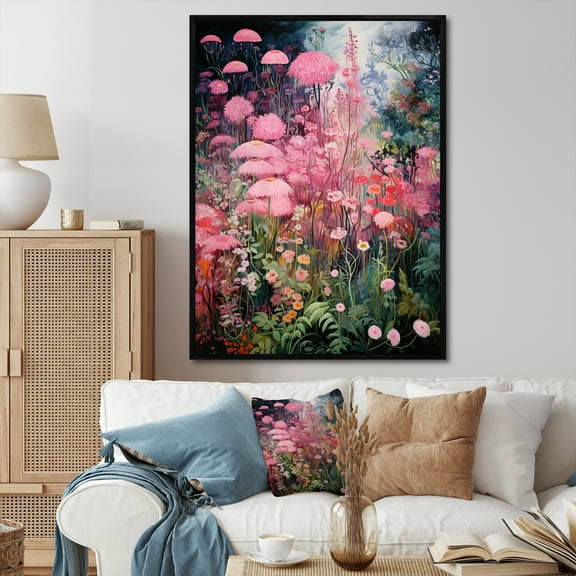 Designart "Enigmatic Pink and Green Garden Flowers V" Abstract Framed Wall Art - Modern Pink Tachisme Bedroom Framed Canvas Wall Art