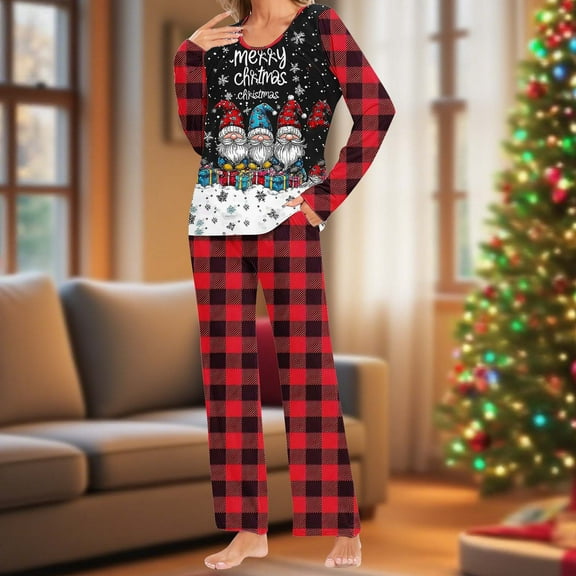EchfiProm Womens Funny Christmas Pajamas One Sets Sleepwear Plus Size Comfy Nightwear Pants and Long Sleeve Red Lounge Sets for Adults