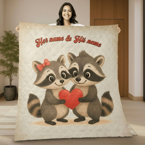 Personalized Cute Raccoon Couple Quilt Blanket – Custom Anniversary Blanket Gift for Him and Her, Valentine's Day, Birthday – Romantic Quilt for Couples