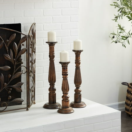 DecMode 3 Candle Brown Mango Wood Candle Holder, Set of 3