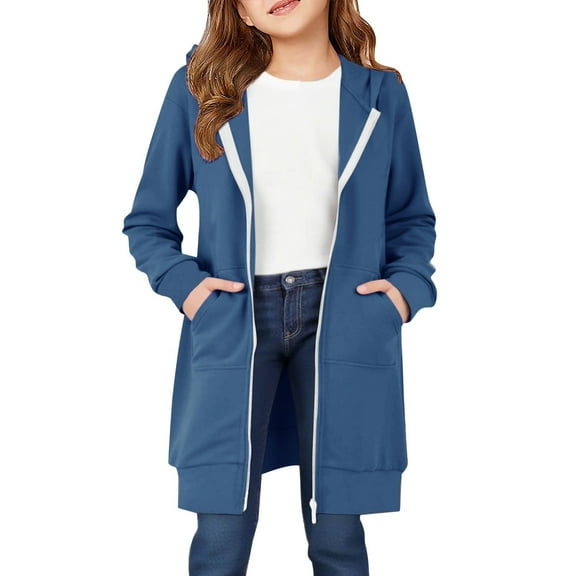 GiLiling Long Zip Up Hoodie for Girls, Fleece Zippered Casual Jacket, Fall Tunic Coat, Oversized Hooded Sweatshirt with Pockets (Navy, 7-8 Years)