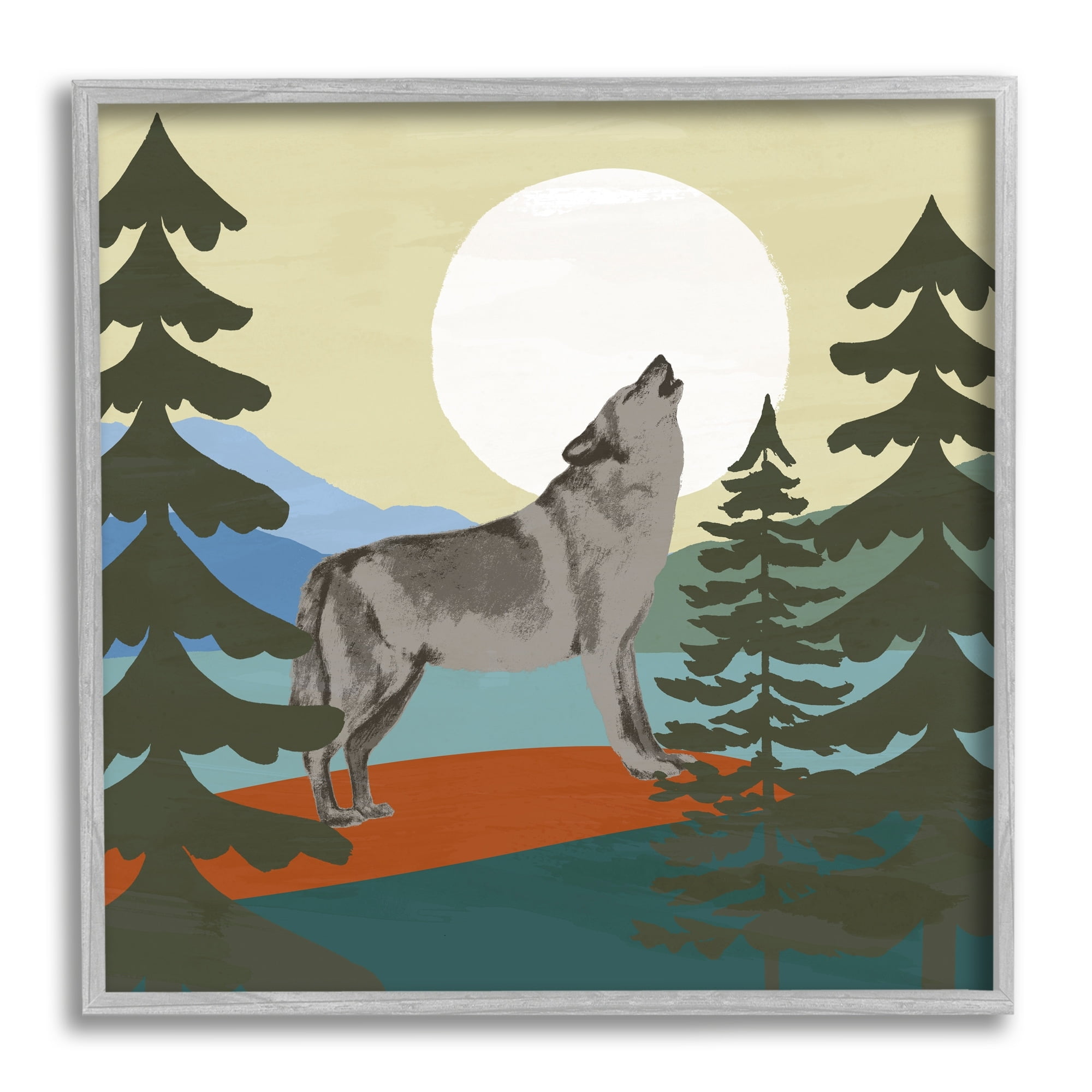 Stupell Industries Grey Wolf Howling Moon Woodlands Trees Graphic Art Gray Framed Art Print Wall Art, 12x12, by Victoria Barnes