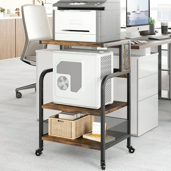 Tropow Printer Stand, 23.6 x18.9 x 29.5 In Big Size Printer Table with Charging Station and Adjustable Shelf, 3 Tier Rolling Printer Cart with Wheels for Home Office Storage and Organization, Brown
